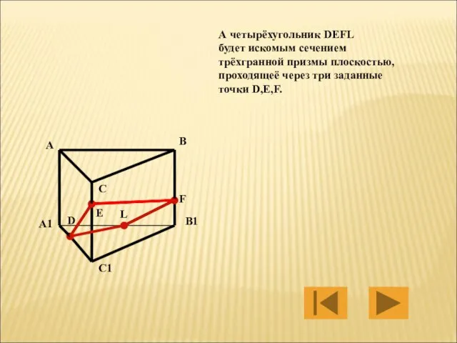 А четырёхугольник DEFL будет искомым сечением трёхгранной призмы плоскостью, проходящеё через три