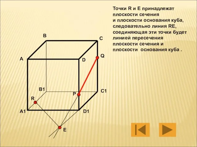 Точки R и E принадлежат плоскости сечения и плоскости основания куба, следовательно