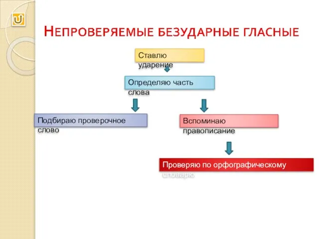 Ставлю ударение Определяю часть слова Подбираю проверочное слово Вспоминаю правописание Проверяю по орфографическому словарю