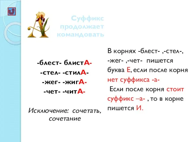 Суффикс продолжает командовать -блест- блистА- -стел- -стилА- -жег- -жигА- -чет- -читА- Исключение: