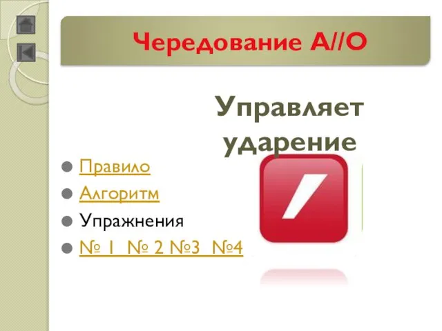 Чередование А//О Правило Алгоритм Упражнения № 1 № 2 №3 №4 Управляет ударение