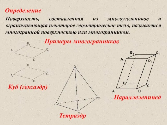 Определение Поверхность, составленная из многоугольников и ограничивающая некоторое геометрическое тело, называется многогранной