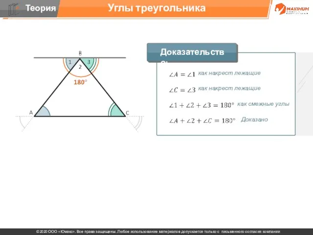 Доказано Углы треугольника как накрест лежащие как накрест лежащие как смежные углы Доказательство: