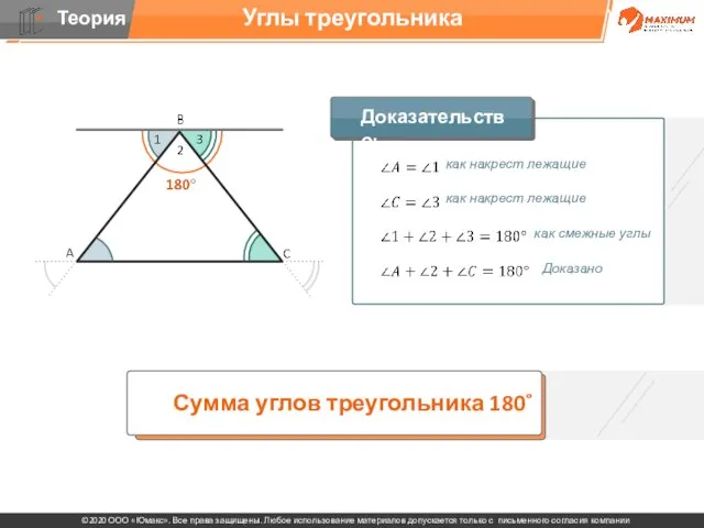 Доказано Углы треугольника Сумма углов треугольника 180˚ как накрест лежащие как накрест