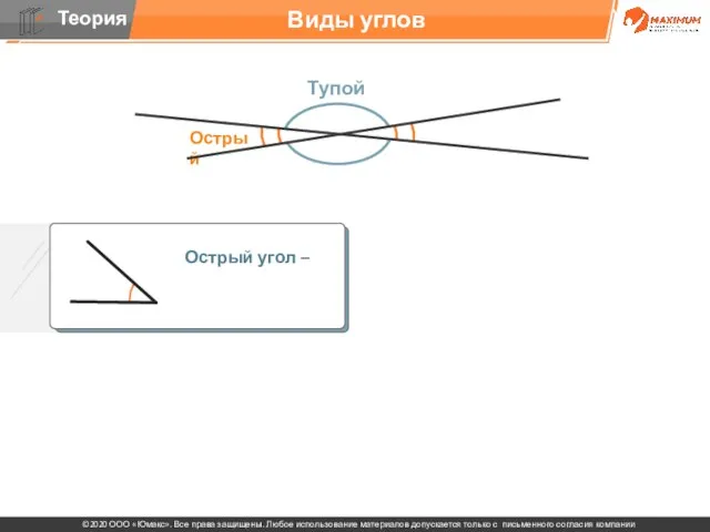 . Виды углов Острый угол –