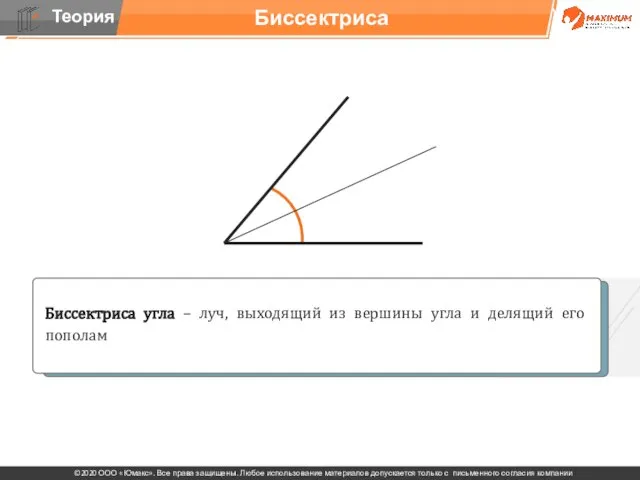 Биссектриса Биссектриса угла – луч, выходящий из вершины угла и делящий его пополам