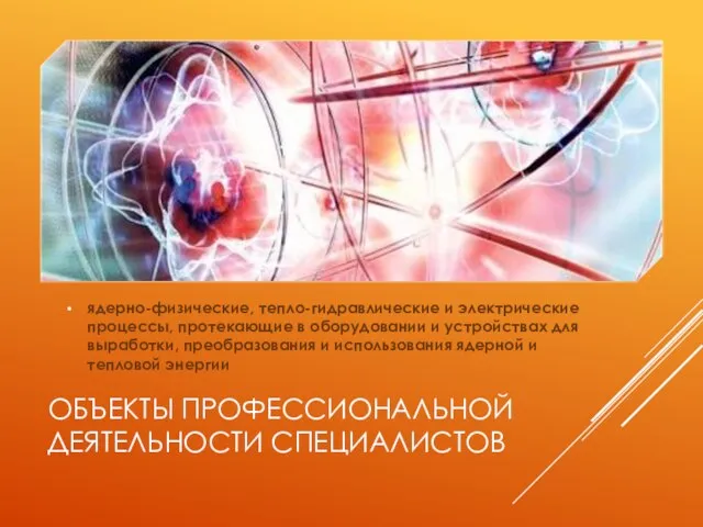 ОБЪЕКТЫ ПРОФЕССИОНАЛЬНОЙ ДЕЯТЕЛЬНОСТИ СПЕЦИАЛИСТОВ ядерно-физические, тепло-гидравлические и электрические процессы, протекающие в оборудовании