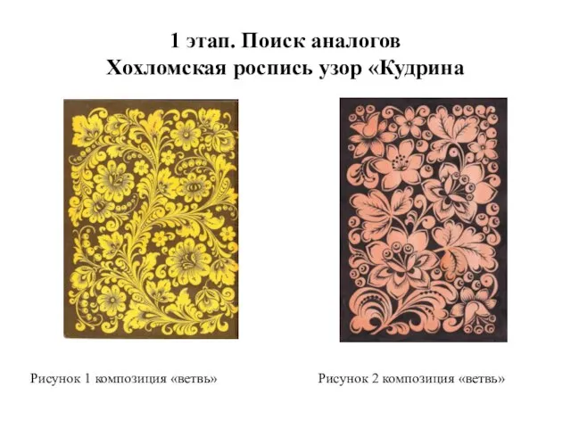 1 этап. Поиск аналогов Хохломская роспись узор «Кудрина Рисунок 1 композиция «ветвь» Рисунок 2 композиция «ветвь»