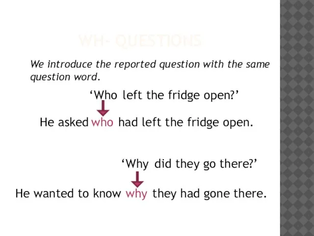 WH- QUESTIONS ‘ left the fridge open?’ had left the fridge open.