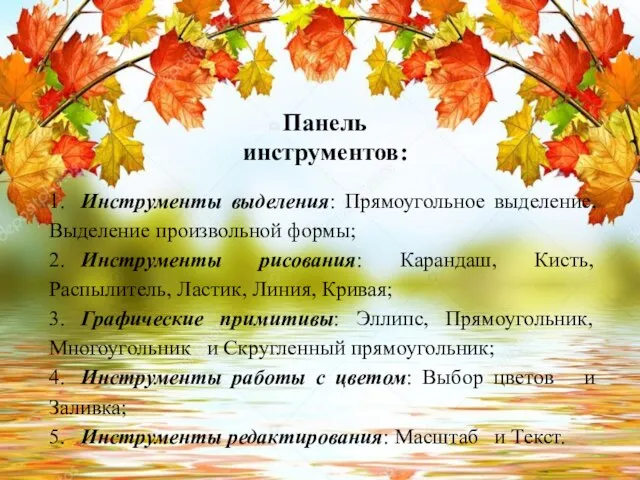 Панель инструментов: 1. Инструменты выделения: Прямоугольное выделение, Выделение произвольной формы; 2. Инструменты