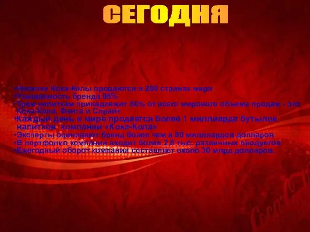 Напитки Кока-Колы продаются в 200 странах мира Узнаваемость бренда 98% Трем напиткам