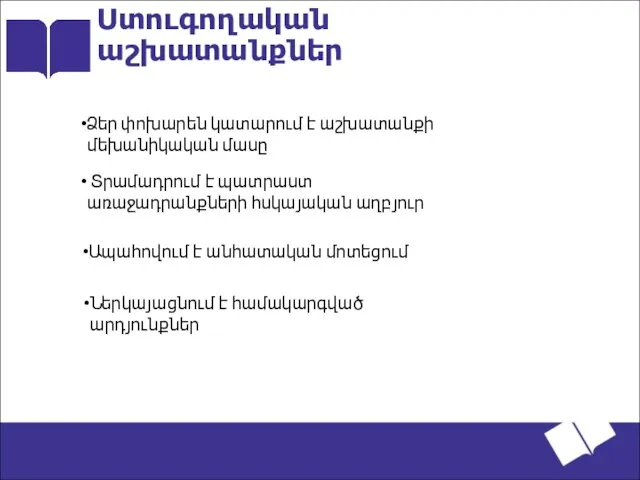 Ստուգողական աշխատանքներ Ձեր փոխարեն կատարում է աշխատանքի մեխանիկական մասը Տրամադրում է պատրաստ