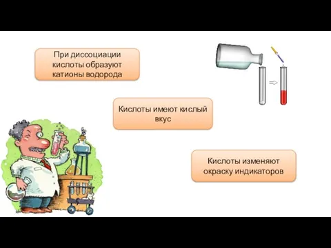 При диссоциации кислоты образуют катионы водорода Кислоты имеют кислый вкус Кислоты изменяют окраску индикаторов