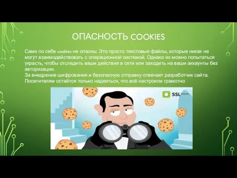 ОПАСНОСТЬ COOKIES Сами по себе cookies не опасны. Это просто текстовые файлы,