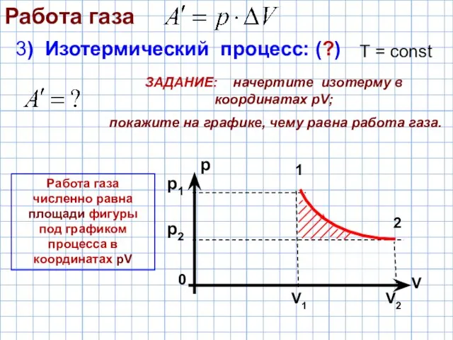 Т = const 1 2 3) Изотермический процесс: (?) p1 p2 V1