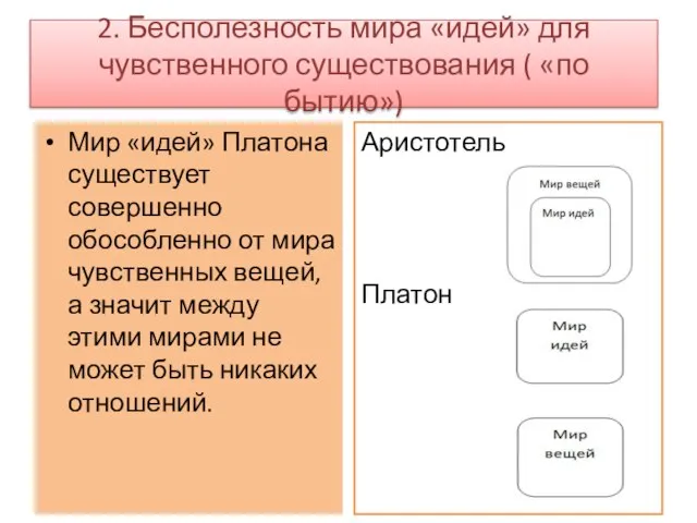 2. Бесполезность мира «идей» для чувственного существования ( «по бытию») Мир «идей»