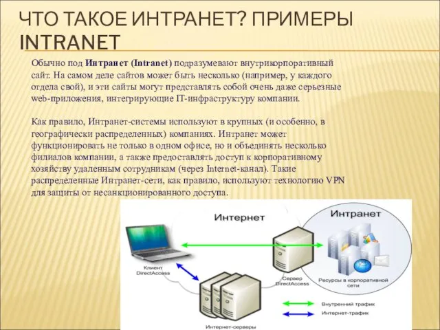 ЧТО ТАКОЕ ИНТРАНЕТ? ПРИМЕРЫ INTRANET Обычно под Интранет (Intranet) подразумевают внутрикорпоративный сайт.