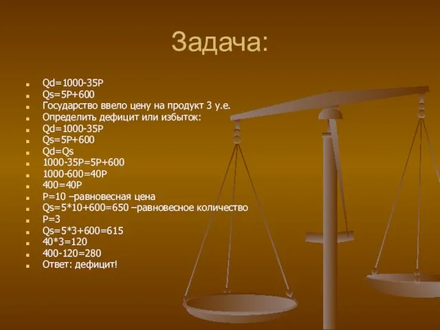 Задача: Qd=1000-35P Qs=5P+600 Государство ввело цену на продукт 3 у.е. Определить дефицит