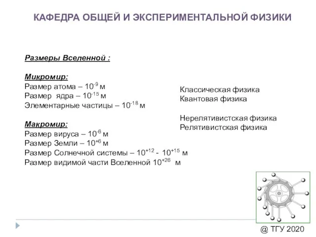 КАФЕДРА ОБЩЕЙ И ЭКСПЕРИМЕНТАЛЬНОЙ ФИЗИКИ @ ТГУ 2020 Размеры Вселенной : Микромир: