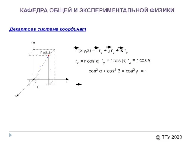 КАФЕДРА ОБЩЕЙ И ЭКСПЕРИМЕНТАЛЬНОЙ ФИЗИКИ @ ТГУ 2020 Декартова система координат r