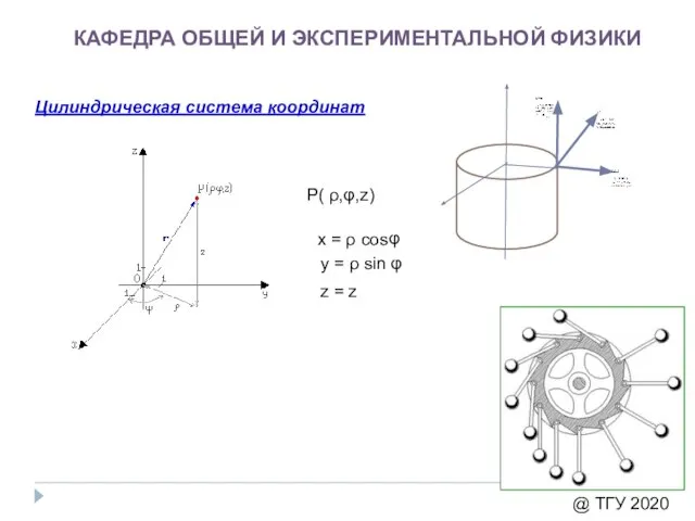 КАФЕДРА ОБЩЕЙ И ЭКСПЕРИМЕНТАЛЬНОЙ ФИЗИКИ @ ТГУ 2020 Цилиндрическая система координат P(