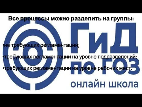 Все процессы можно разделить на группы: не требующих регламентации; требующих регламентации на