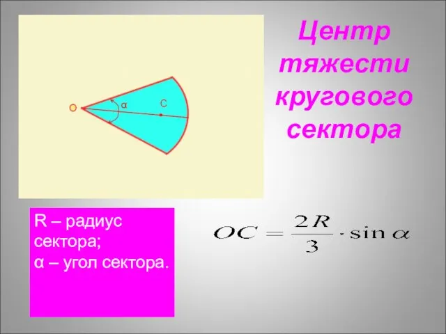 Центр тяжести кругового сектора R – радиус сектора; α – угол сектора.