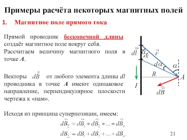 Примеры расчёта некоторых магнитных полей Прямой проводник бесконечной длины создаёт магнитное поле