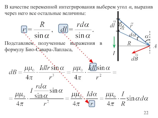 В качестве переменной интегрирования выберем угол α, выразив через него все остальные