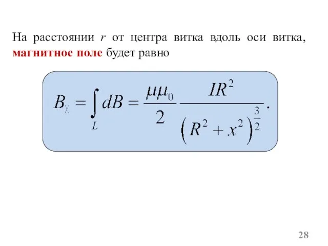 На расстоянии r от центра витка вдоль оси витка, магнитное поле будет равно