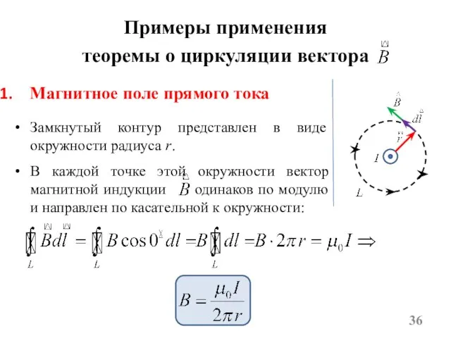 Примеры применения теоремы о циркуляции вектора Магнитное поле прямого тока Замкнутый контур