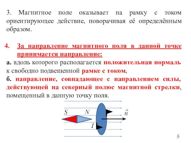 3. Магнитное поле оказывает на рамку с током ориентирующее действие, поворачивая её