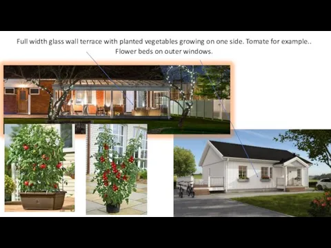 Full width glass wall terrace with planted vegetables growing on one side.