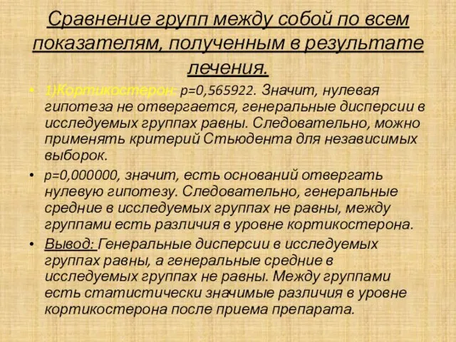 Сравнение групп между собой по всем показателям, полученным в результате лечения. 1)Кортикостерон: