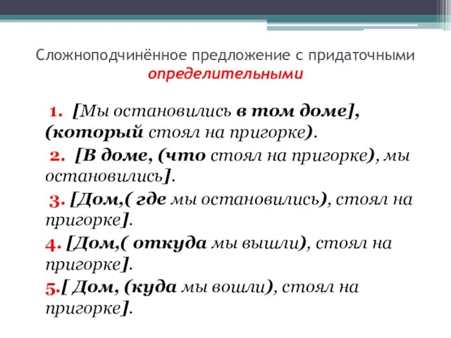 Сложноподчинённое предложение с придаточными определительными 1. [Мы остановились в том доме], (который