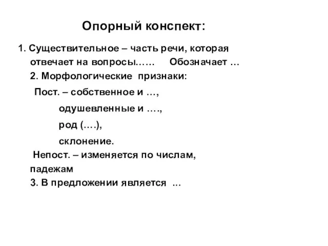 Опорный конспект: 1. Существительное – часть речи, которая отвечает на вопросы…… Обозначает