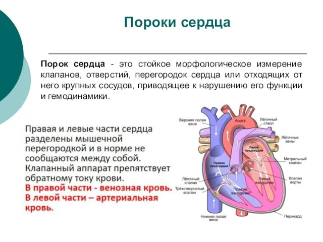 Пороки сердца Порок сердца - это стойкое морфологическое измерение клапанов, отверстий, перегородок