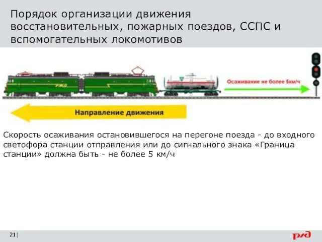 Порядок организации движения восстановительных, пожарных поездов, ССПС и вспомогательных локомотивов | Скорость