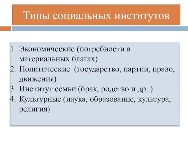 Типы социальных институтов Экономические (потребности в материальных благах) Политические (государство, партии, право,