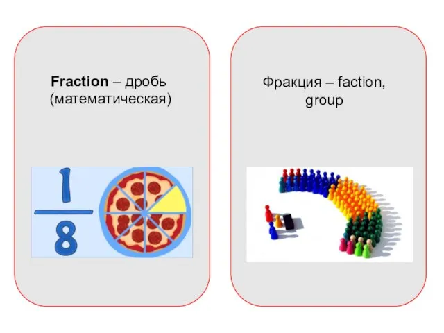 Fraction – дробь (математическая) Фракция – faction, group