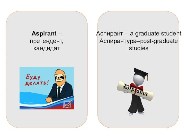 Aspirant – претендент, кандидат Аспирант – a graduate student Аспирантура–post-graduate studies