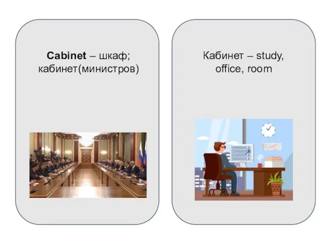 Cabinet – шкаф; кабинет(министров) Кабинет – study, office, room