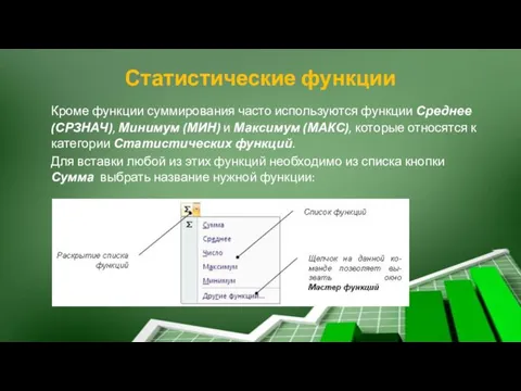 Статистические функции Кроме функции суммирования часто используются функции Среднее (СРЗНАЧ), Минимум (МИН)