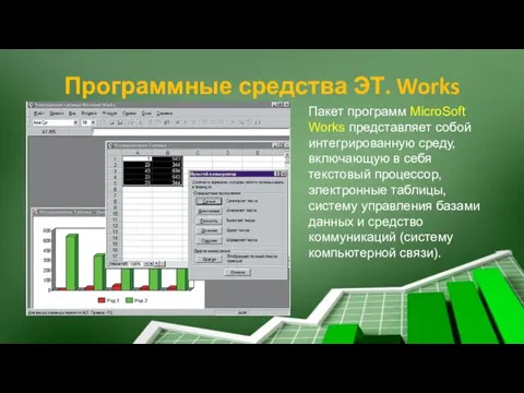Программные средства ЭТ. Works Пакет программ MicroSoft Works представляет собой интегрированную среду,