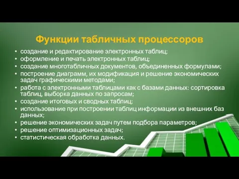 Функции табличных процессоров создание и редактирование электронных таблиц; оформление и печать электронных