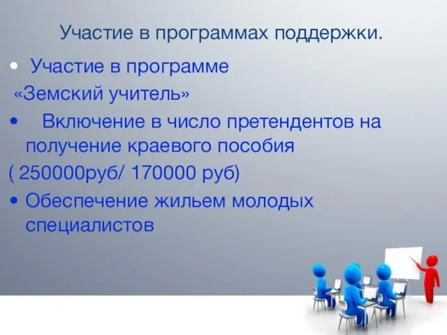 Участие в программах поддержки. Участие в программе «Земский учитель» Включение в число