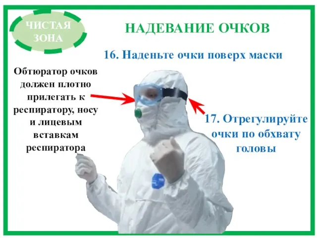 ЧИСТАЯ ЗОНА НАДЕВАНИЕ ОЧКОВ 16. Наденьте очки поверх маски 17. Отрегулируйте очки