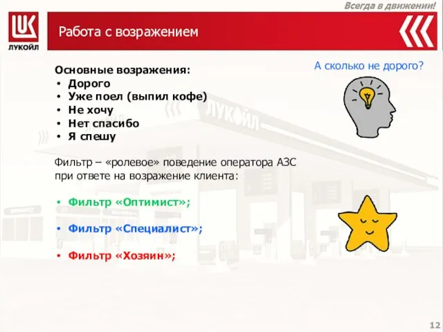 Работа с возражением Основные возражения: Дорого Уже поел (выпил кофе) Не хочу