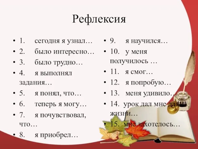 Рефлексия 1. сегодня я узнал… 2. было интересно… 3. было трудно… 4.