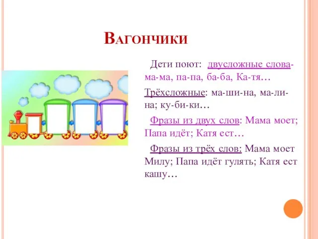 Вагончики Дети поют: двусложные слова- ма-ма, па-па, ба-ба, Ка-тя… Трёхсложные: ма-ши-на, ма-ли-на;